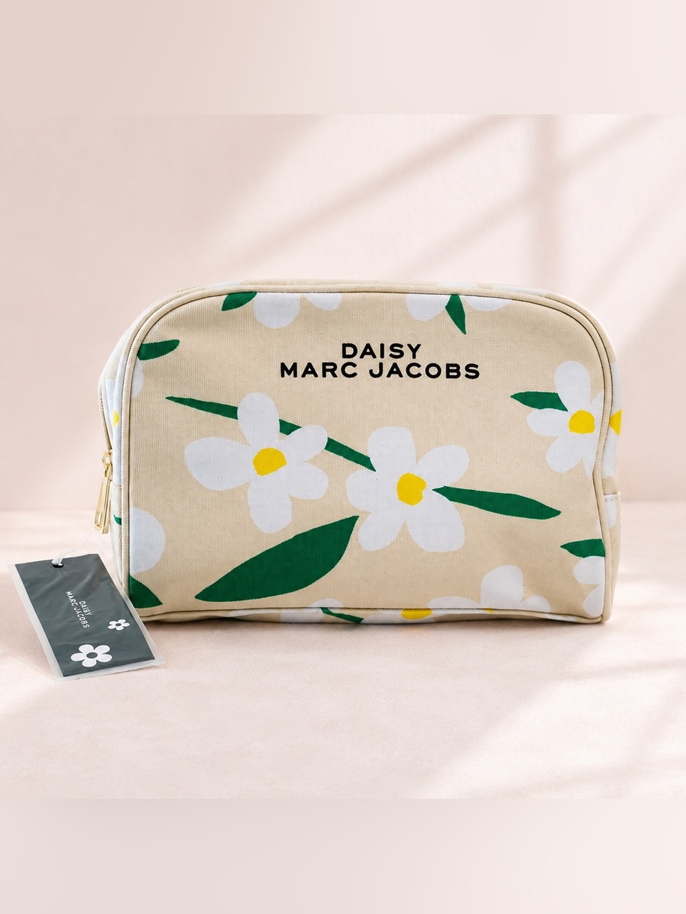Marc Jacobs Beige Daisy Canvas Cosmetic Pouch with Green & White Floral Print